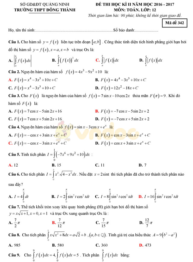 Đề thi học kì 2 lớp 12 môn Toán