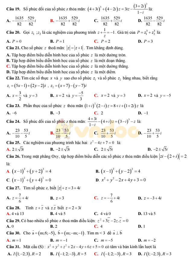 Đề thi học kì 2 lớp 12 môn Toán