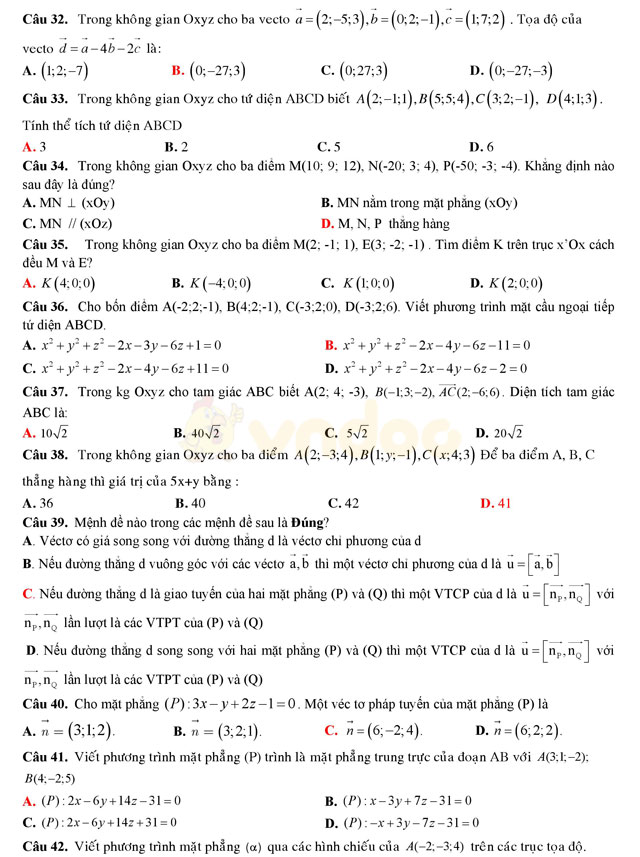 Đề thi học kì 2 lớp 12 môn Toán