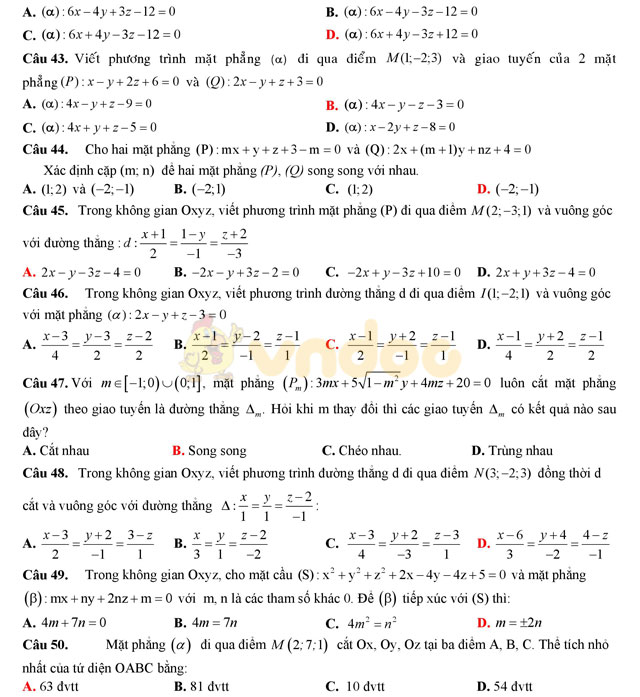 Đề thi học kì 2 lớp 12 môn Toán