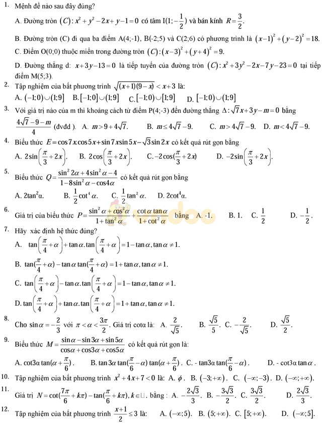 Bộ đề thi học kì 2 môn Toán lớp 10 có đáp án