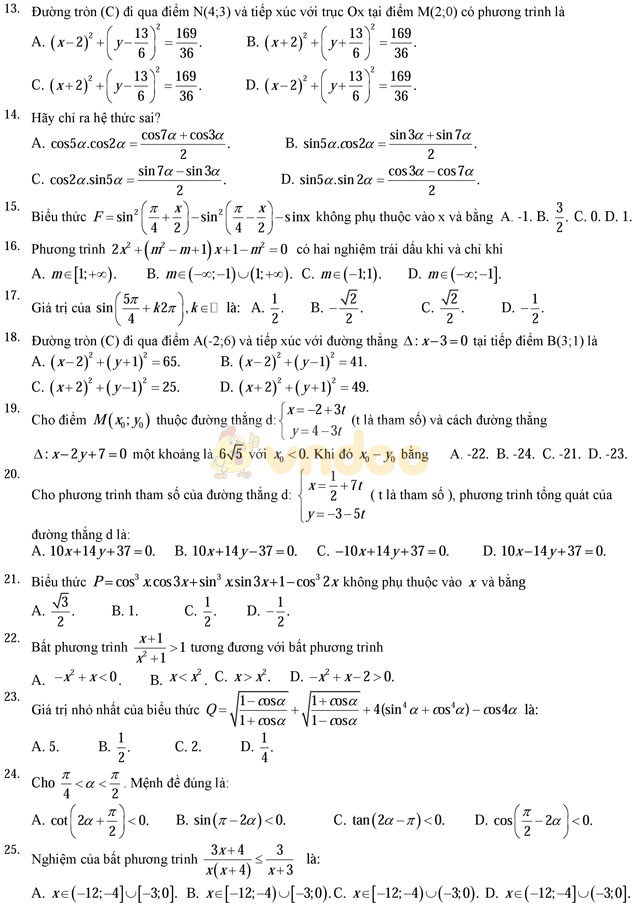 Bộ đề thi học kì 2 môn Toán lớp 10 có đáp án