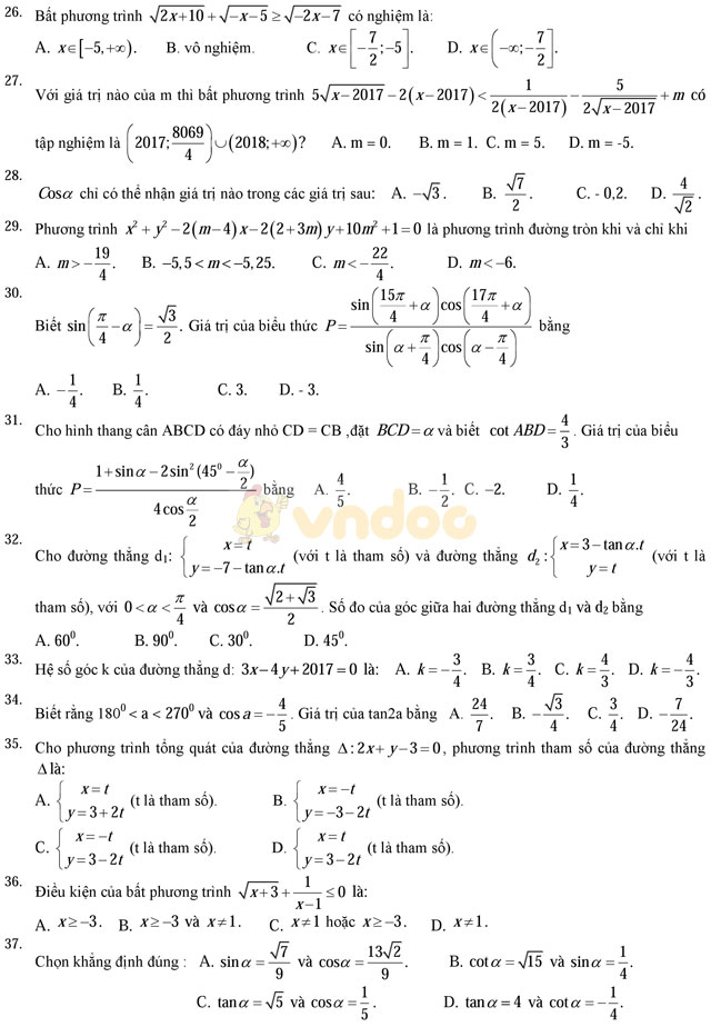Bộ đề thi học kì 2 môn Toán lớp 10 có đáp án