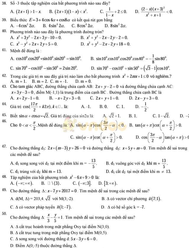Bộ đề thi học kì 2 môn Toán lớp 10 có đáp án