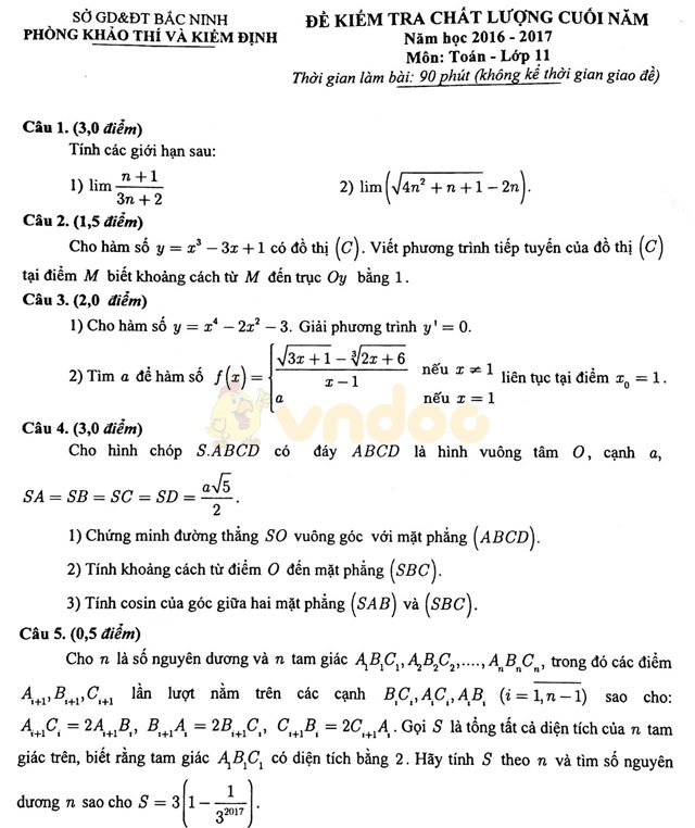 Đề thi học kì 2 lớp 11 môn Toán