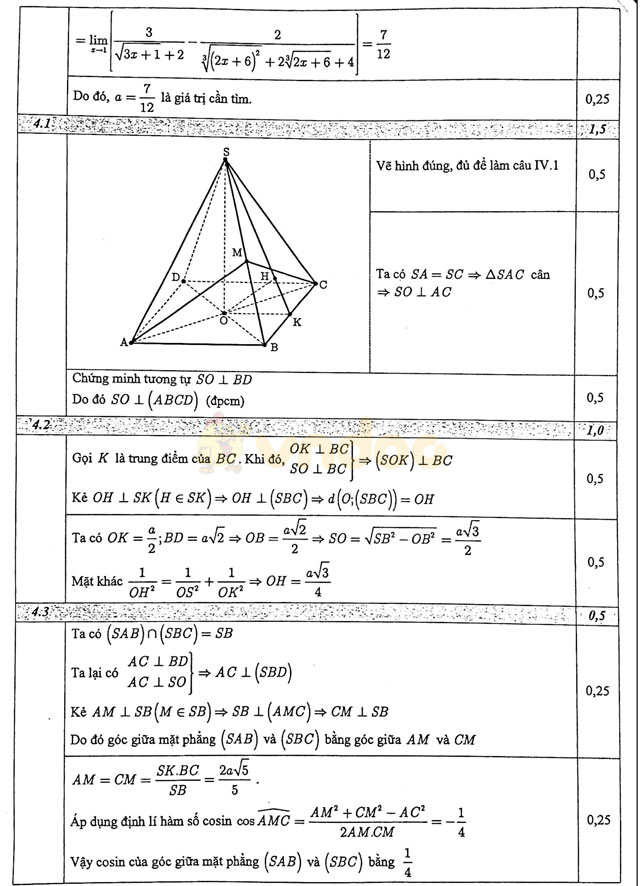 Đáp án đề thi học kì 2 lớp 11 môn Toán