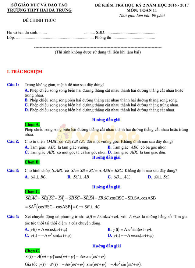 Đề thi học kì 2 lớp 11 môn Toán
