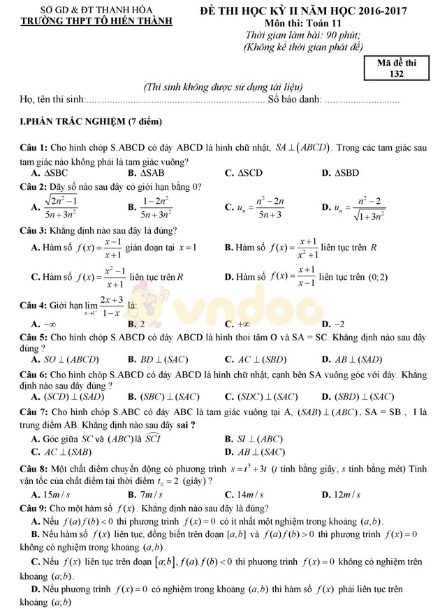 Đề thi học kì 2 lớp 11 môn Toán Đề thi học kì 2 lớp 11 môn Toán