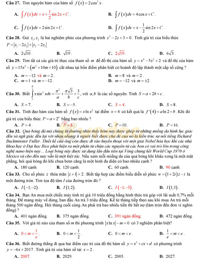 Đề thi thử THPT Quốc gia 2017 môn Toán