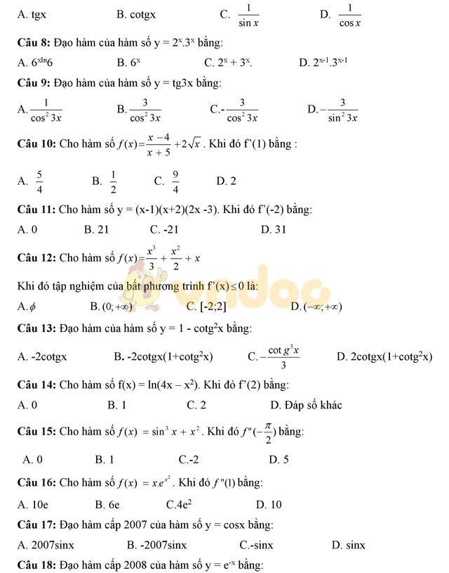 250 câu hỏi trắc nghiệm môn Toán lớp 12
