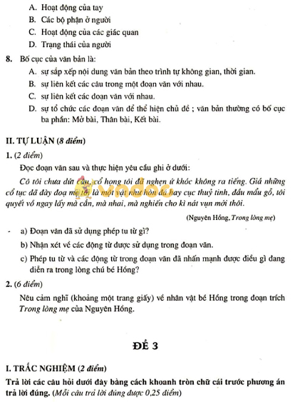 Đề ôn tập Môn Ngữ văn lớp 8