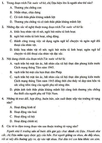 Đề ôn tập Môn Ngữ văn lớp 8