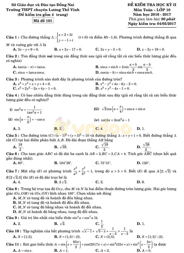 đề thi học kì 2 lớp 10 môn Toán