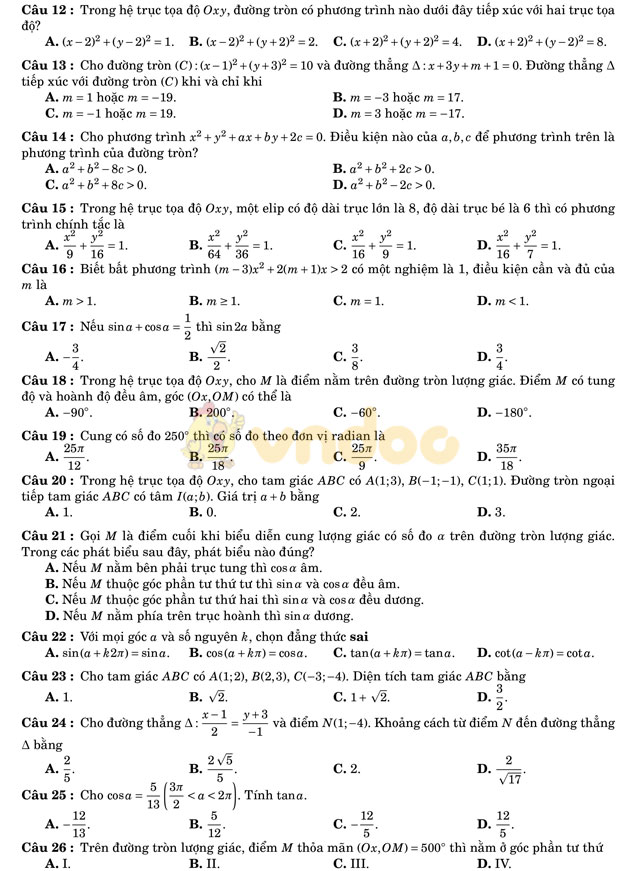 đề thi học kì 2 lớp 10 môn Toán