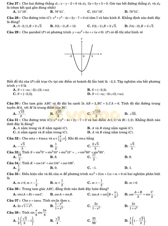 đề thi học kì 2 lớp 10 môn Toán