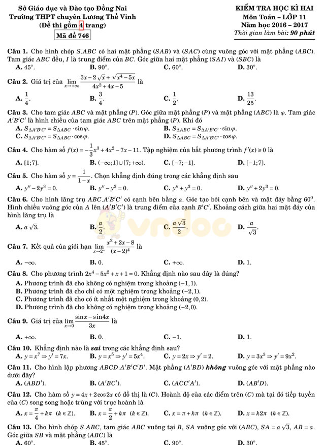 Đề thi học kì 2 lớp 11 môn Toán