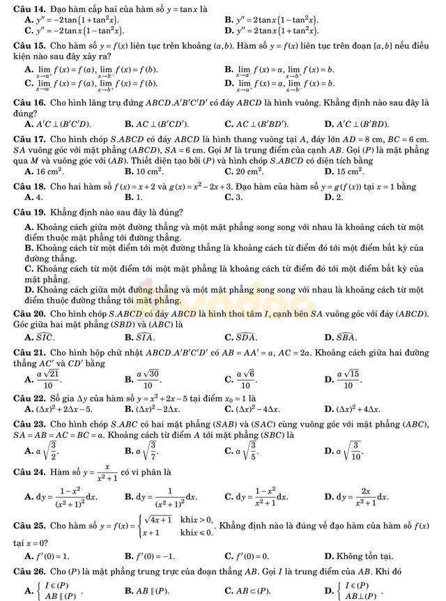 Đề thi học kì 2 lớp 11 môn Toán