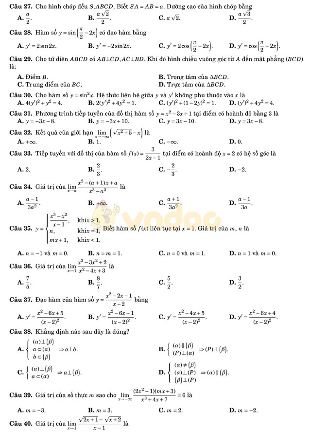 Đề thi học kì 2 lớp 11 môn Toán