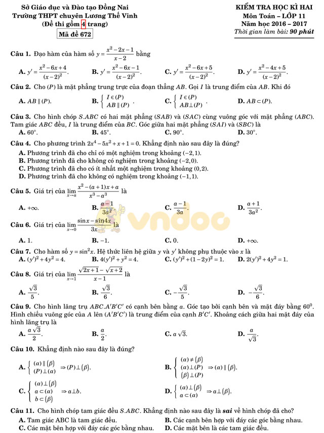 Đề thi học kì 2 lớp 11 môn Toán
