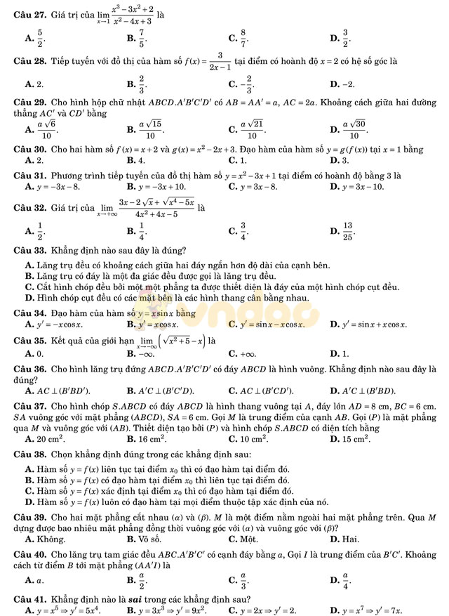 Đề thi học kì 2 lớp 11 môn Toán