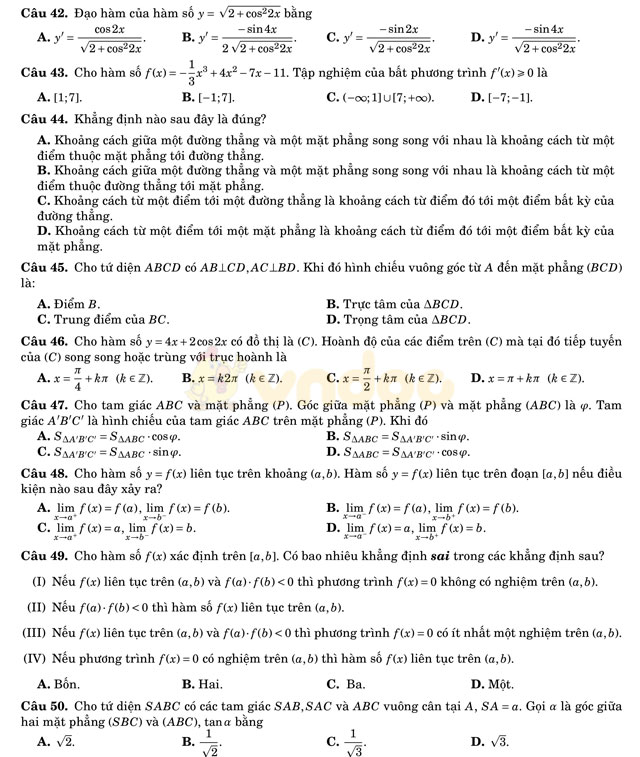 Đề thi học kì 2 lớp 11 môn Toán