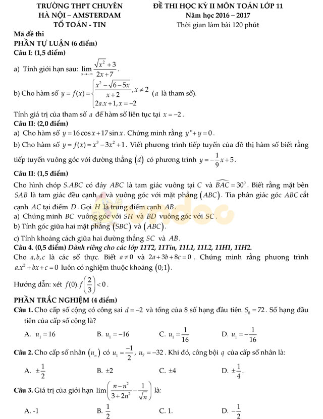 Đề thi học kì 2 lớp 11 môn Toán