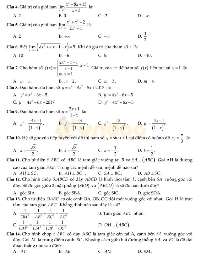 Đề thi học kì 2 lớp 11 môn Toán