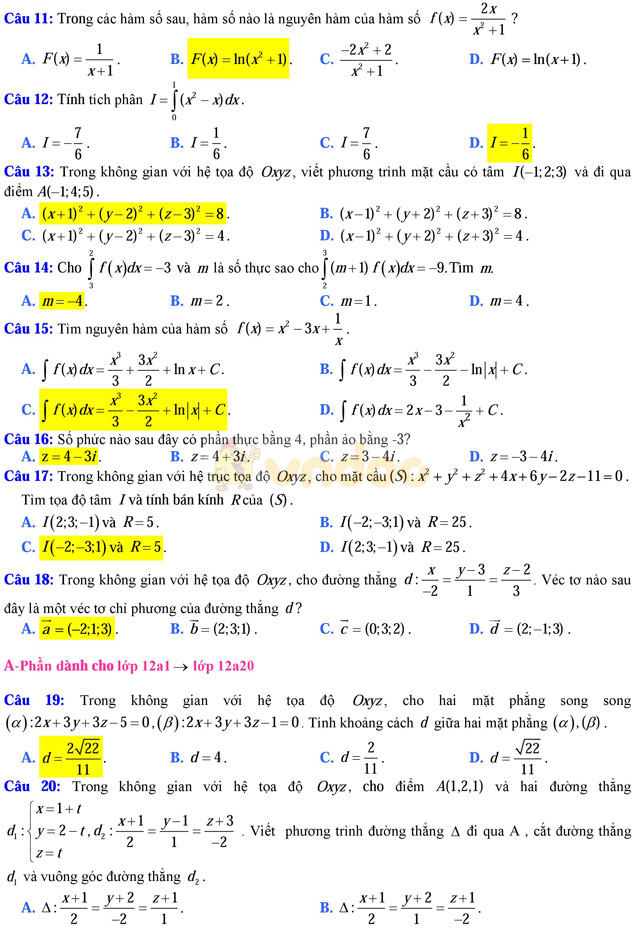 Đề thi học kì 2 môn Toán lớp 12 có đáp án