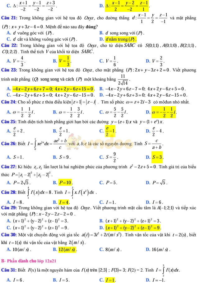 Đề thi học kì 2 môn Toán lớp 12 có đáp án