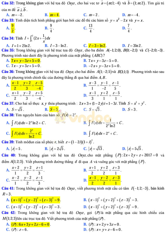 Đề thi học kì 2 môn Toán lớp 12 có đáp án