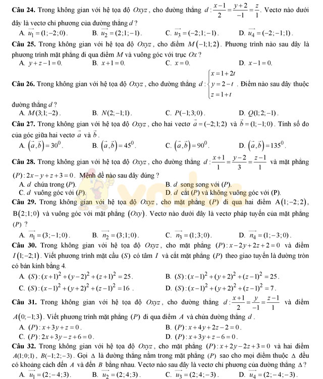 Bộ đề thi học kì 2 lớp 12 môn Toán