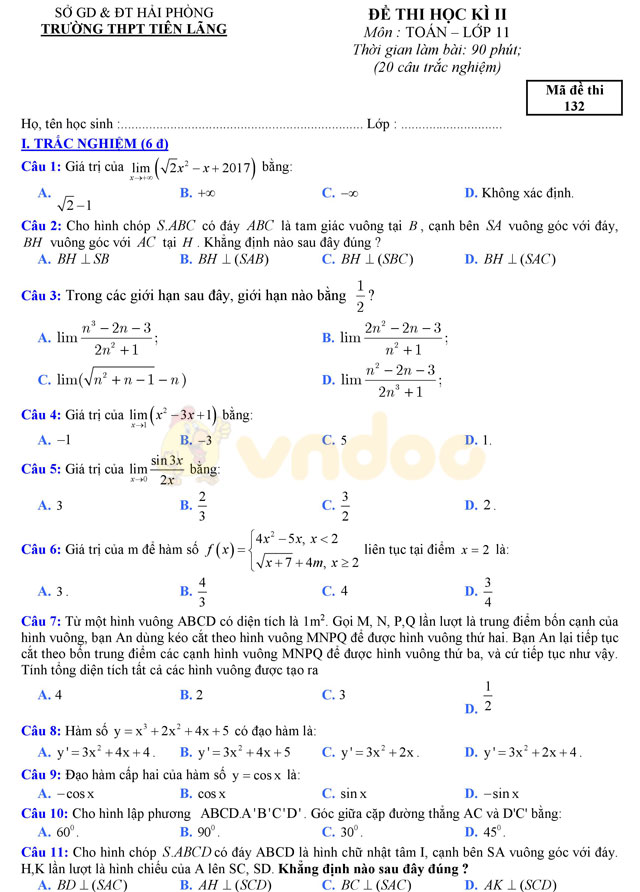 Đề thi học kì 2 lớp 11 môn Toán