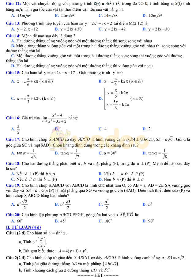 Đề thi học kì 2 lớp 11 môn Toán