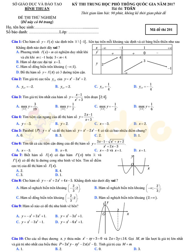 Đề thi thử THPT Quốc gia năm 2017 môn Toán 