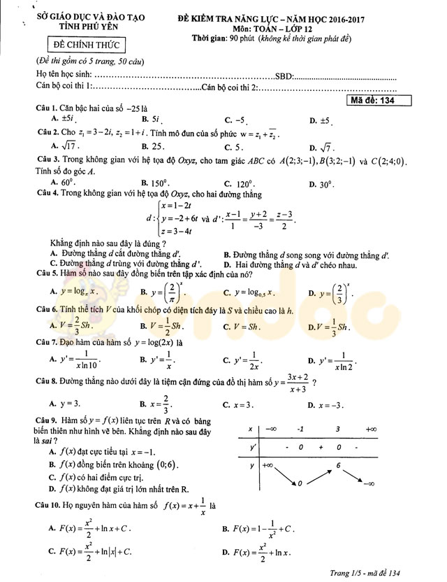 Đề thi thử THPT Quốc gia năm 2017 môn Toán