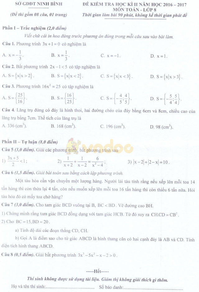 Đề thi học kì 2 môn Toán lớp 8 có đáp án