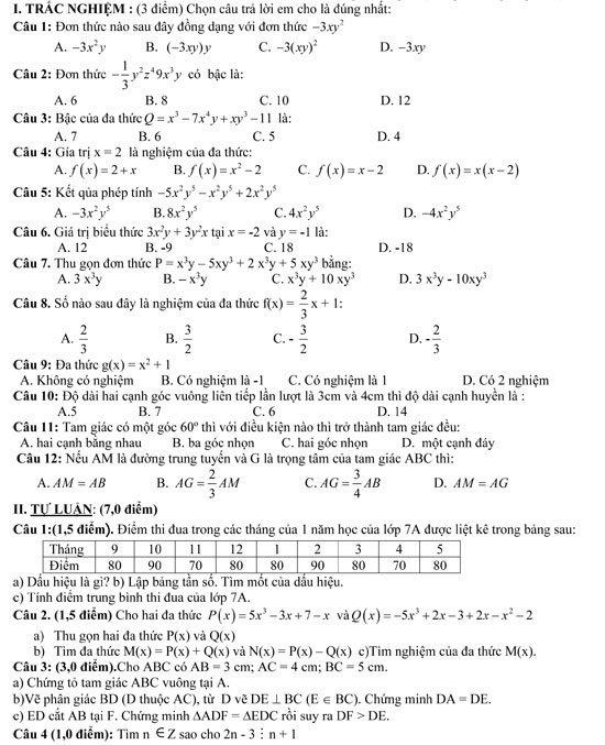 Đề thi học kì 2 môn Toán lớp 7