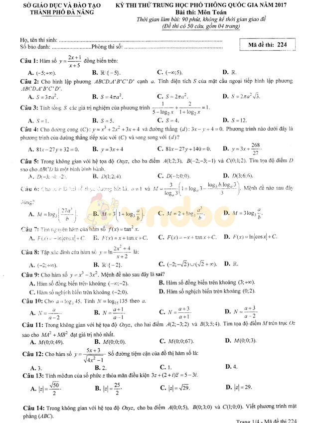 Đề thi thử THPT Quốc gia 2017 môn Toán