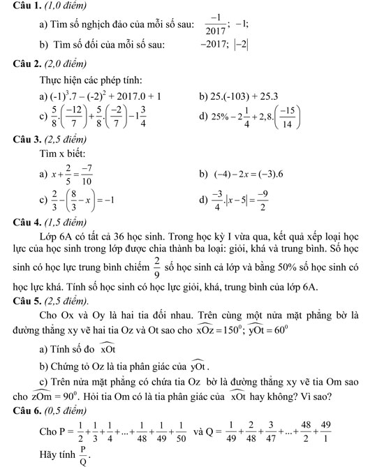 Đề thi học kì 2 môn Toán lớp 6