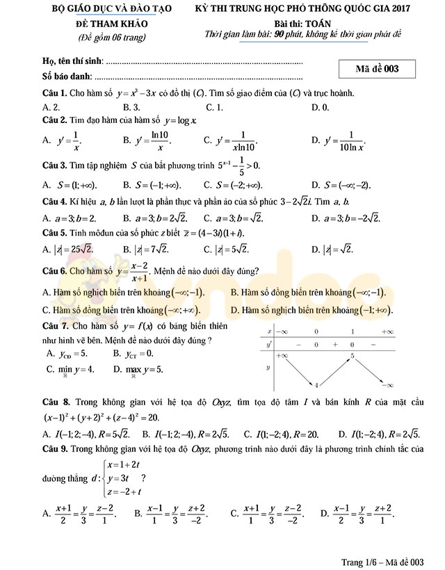 Đề thi minh họa môn Toán lần 3