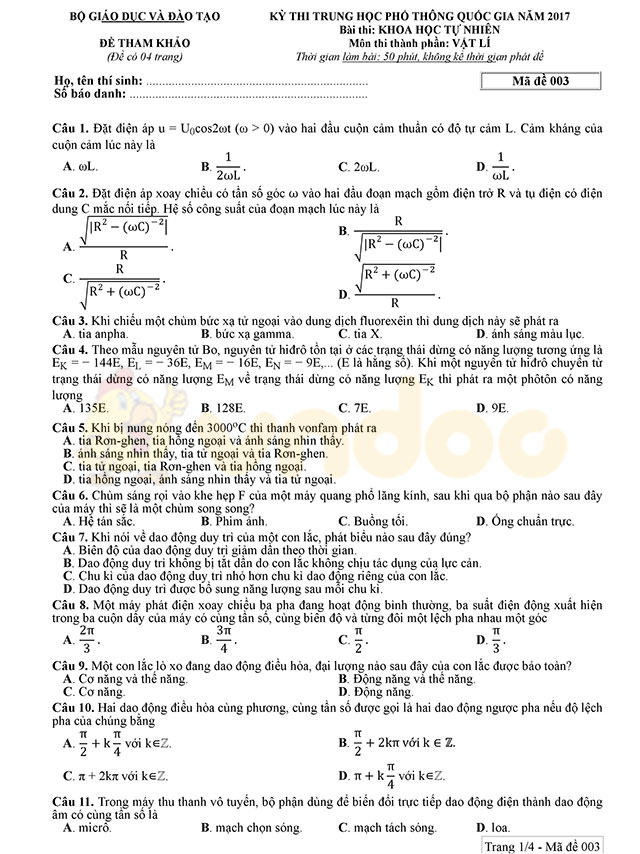 Đề thi minh họa môn Vật lý lần 3