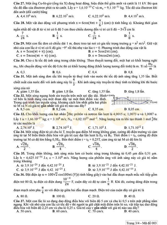 Đề thi minh họa môn Vật lý lần 3