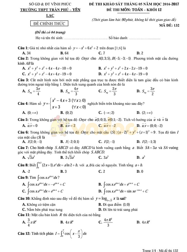 Đề thi thử THPT Quốc gia năm 2017 môn Toán