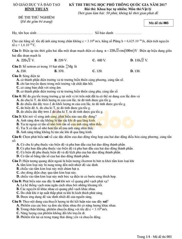 Đề thi thử THPT Quốc gia năm 2017 môn Vật lý