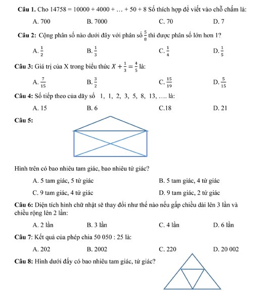 Câu hỏi trắc nghiệm môn Toán lớp 4