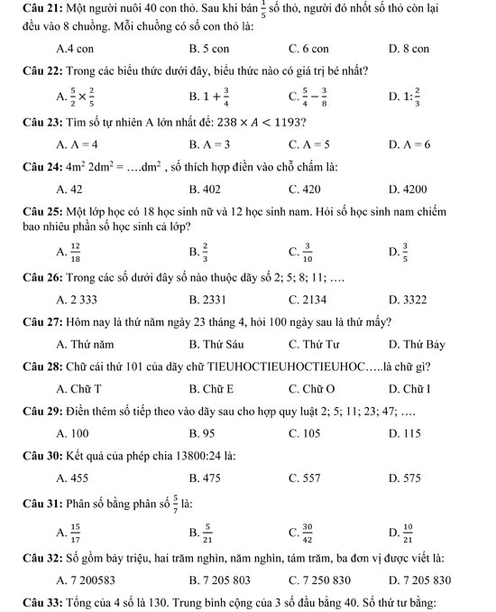 Câu hỏi trắc nghiệm môn Toán lớp 4