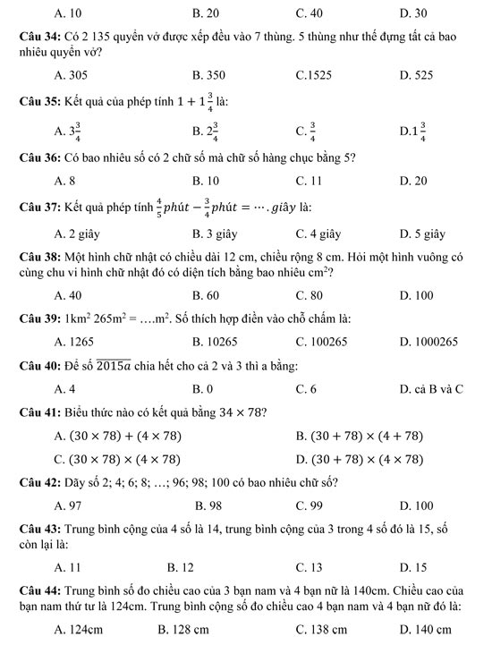 Câu hỏi trắc nghiệm môn Toán lớp 4