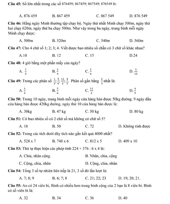 Câu hỏi trắc nghiệm môn Toán lớp 4