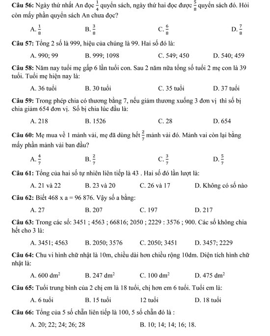 Câu hỏi trắc nghiệm môn Toán lớp 4