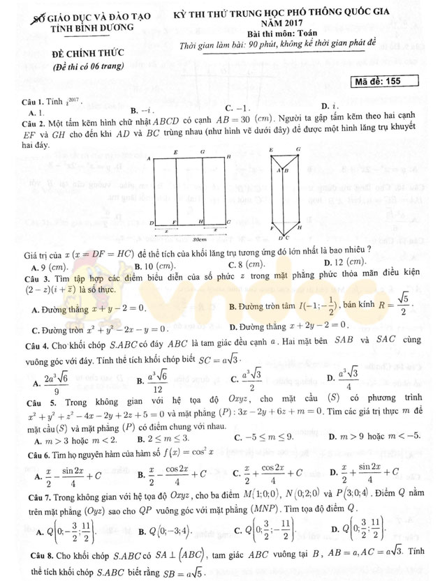 Đề thi thử THPT Quốc gia năm 2017 môn Toán Đề thi thử THPT Quốc gia năm 2017 môn Toán